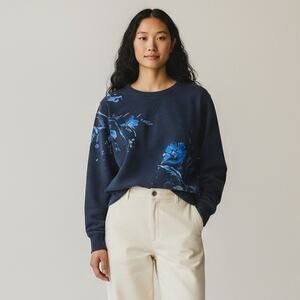 Polo Ralph Lauren Floral Print Fleece Lined Pullover Women's Sz L Navy Preppy